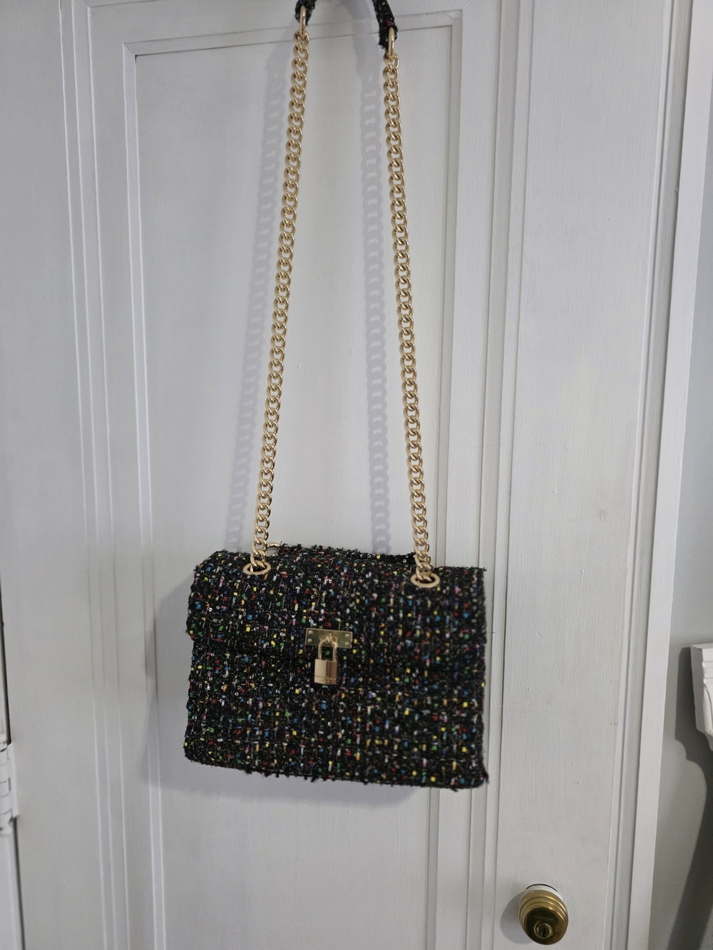 KURT GEIGER Black Tweed Chain Shoulder Bag with Gold Hardware